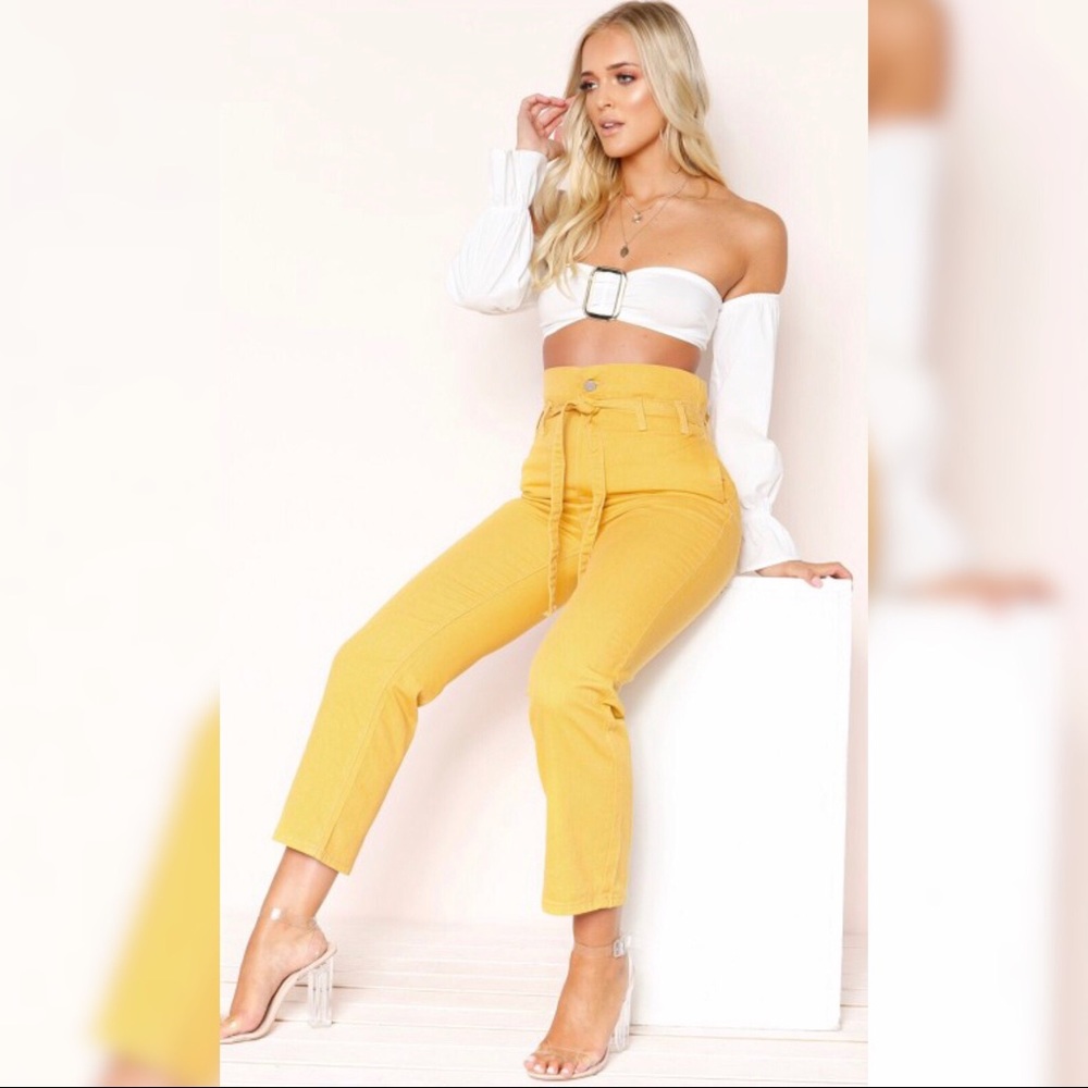 Pia Mustard High Waist Paperbag Mom Jeans.